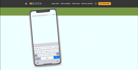A custom animation displays CMTA's social media on a mobile device and near-real-time follower, view, and news reach counts.