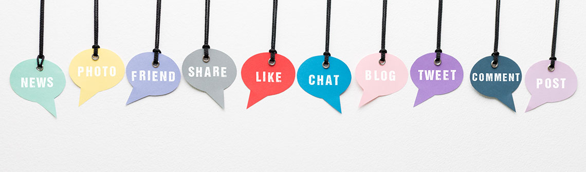 Social Media actions tweet share like comment and post in thought bubbles