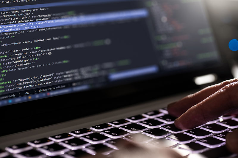A web developer sits in front of a laptop typing HTML code to improve website accessibility for people with disabilities. A web developer sits in front of a laptop typing HTML code to improve website accessibility for people with disabilities.