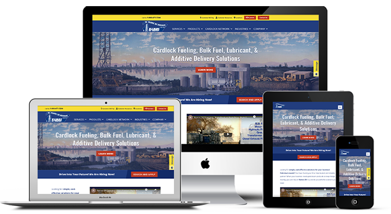 Ramos Oil on all devices Ramos Oil responsive website homepage displayed on a desktop, laptop, tablet and phone